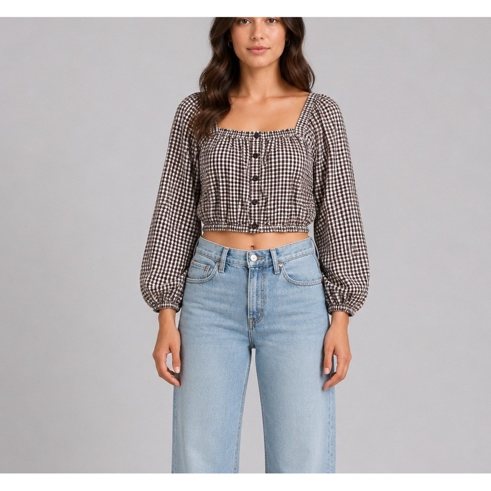 Madewell Puff-Sleeve Button-Front Plaid Crop Top Womens M Brown Gingham Cottage